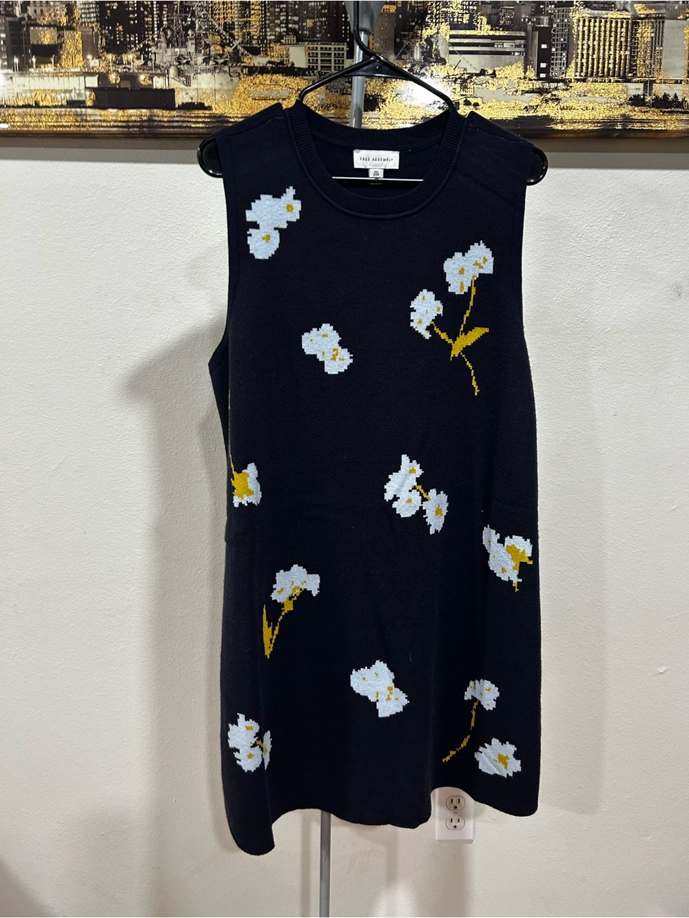Free Assembly Floral Knit Sleeveless Dress with White and Yellow Blooms